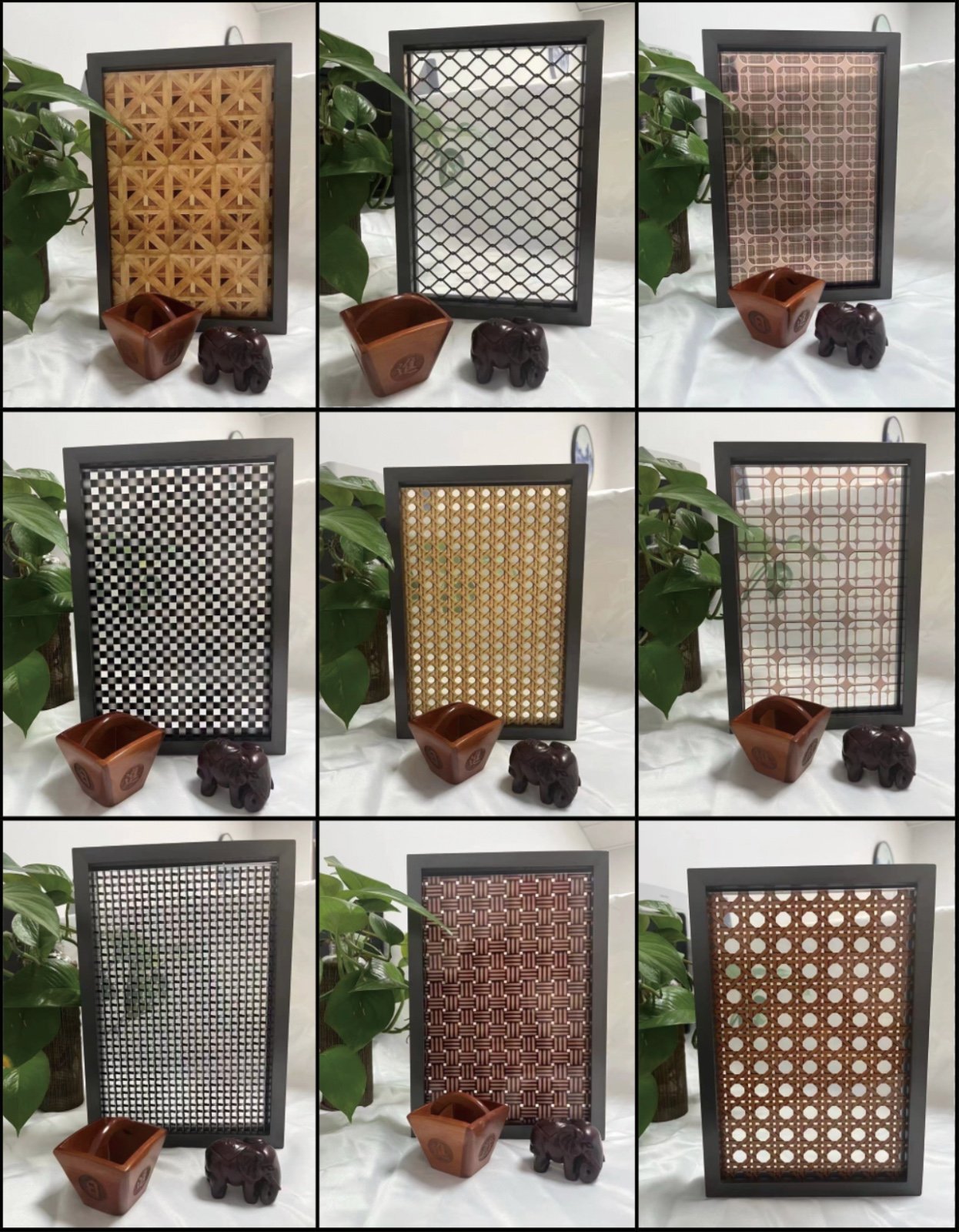 Guoqing decorative material samples — rattan, mesh and cane finishes
